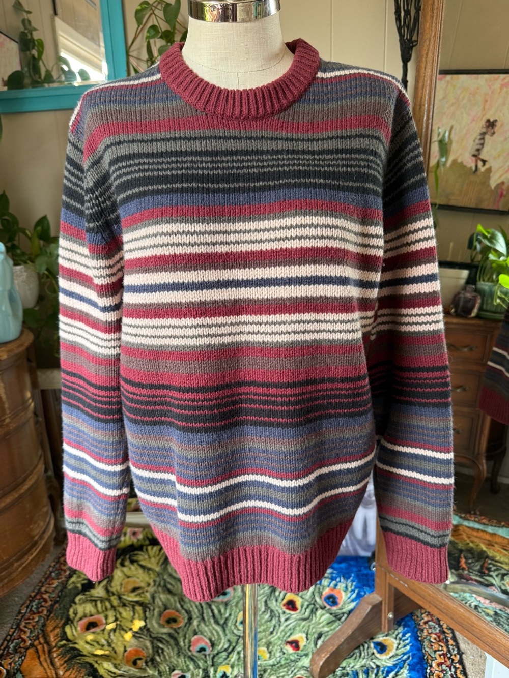 L.L. Bean 100% Lambs Wool Men's Multicolor Striped Sweater Size L - Picture 3 of 8